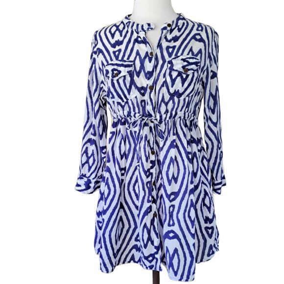 Roberta Roller Rabbit Blue Drawstring Waist Mini Shirt Dres Blue Ikat Medium - Picture 1 of 9